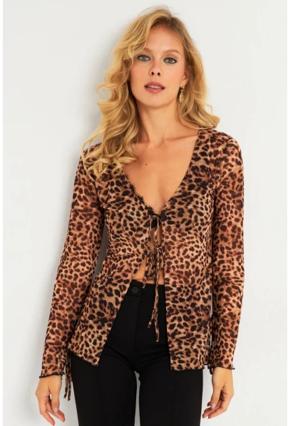 Kadın Camel-Siyah Leopar Desenli Tül  Bluz GÇ175