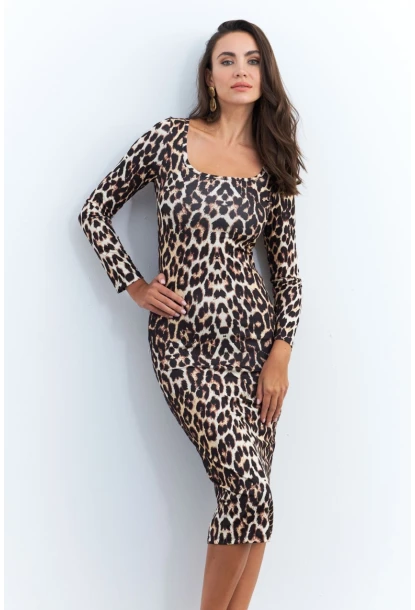 Kadın Camel-Siyah Leopar Midi Elbise RLO78