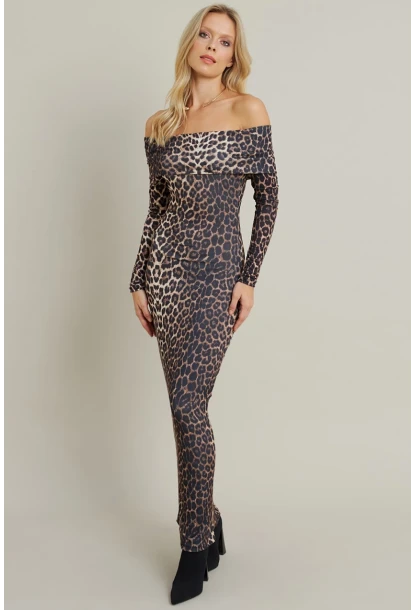 Kadın Camel-Siyah Madonna Yaka Maxi Elbise LİK10