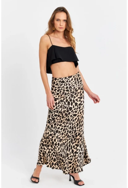 Kadın Camel-Siyah Saten Leopar Etek CAR2431