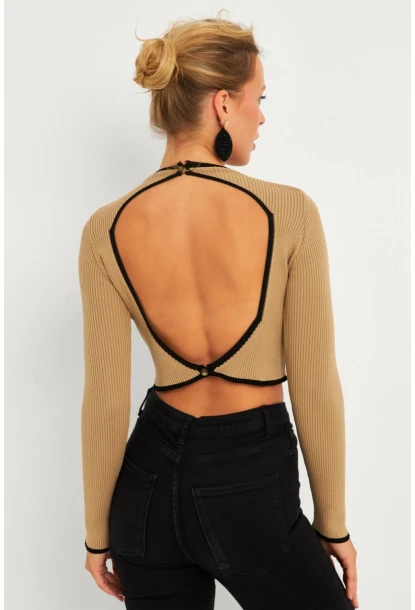 Kadın Camel-Siyah Sırtı Açık Bluz YV270