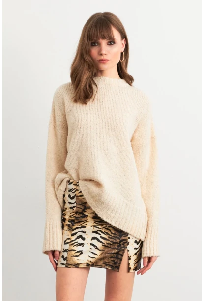 Kadın Camel-Siyah Suni Deri Zebra Desenli Mini Etek NH24475