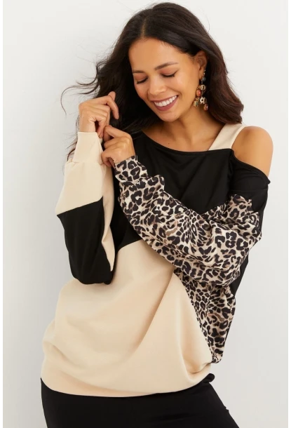 Kadın Camel-Siyah Tek Omuz Leopar Desen Bloklu Sweatshirt MBK231066