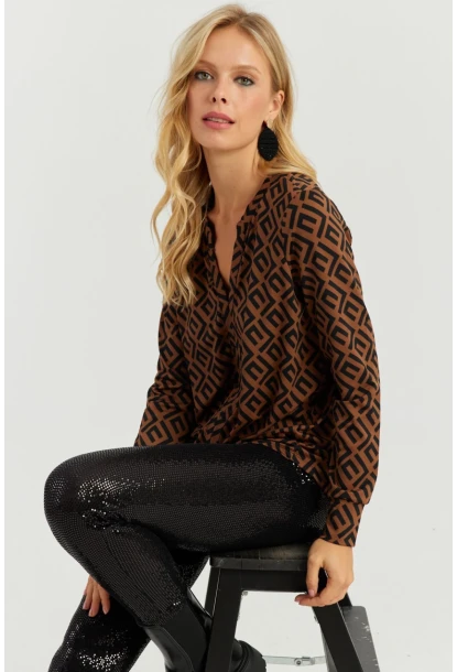 Kadın Camel-Siyah V Yaka Bluz AYD258