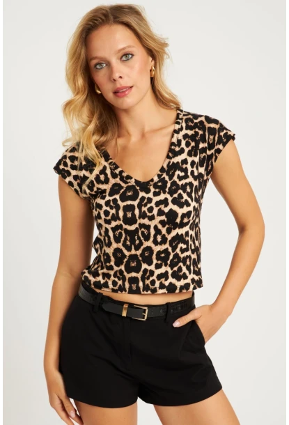 Kadın Camel-Siyah V Yaka Desenli Bluz LPP1285