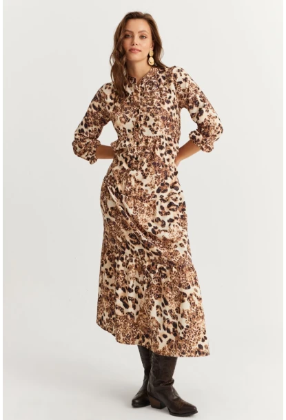 Kadın Camel-Siyah Volanlı Desenli Maxi Elbise YLE14