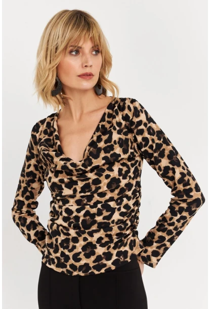 Kadın Camel-Siyah Yanları Büzgülü Degaje Leopar Bluz FRY2272