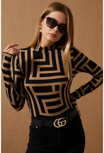 Kadın Camel-Siyah Yarım Balıkçı Desenli Bluz LPP1147