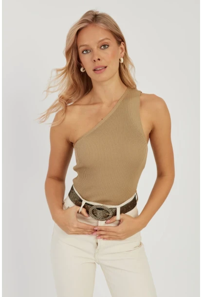 Kadın Camel Tek Omuz Triko Bluz YV90