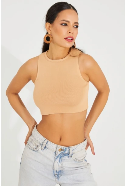 Kadın Camel Triko Crop Triko Bluz KZ2447