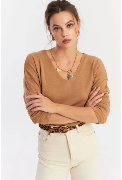 Kadın Camel V Yaka Yalaş Triko Bluz YİL552