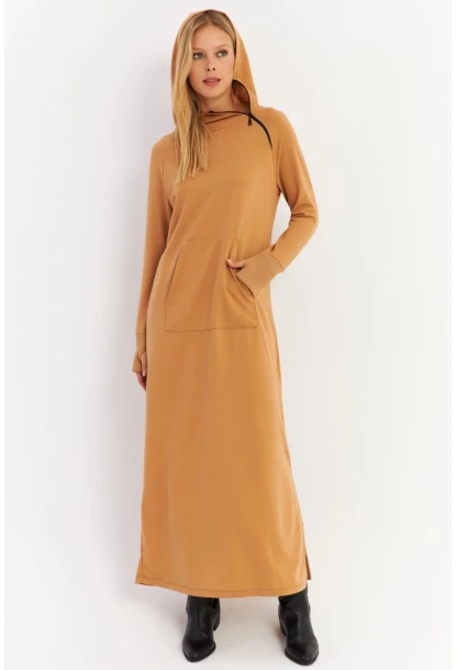 Kadın Camel Yakası Fermuarlı Maxi Sweat Elbise TF12