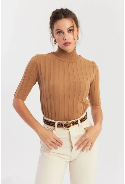 Kadın Camel Yarım Balıkçı Triko Bluz YV287