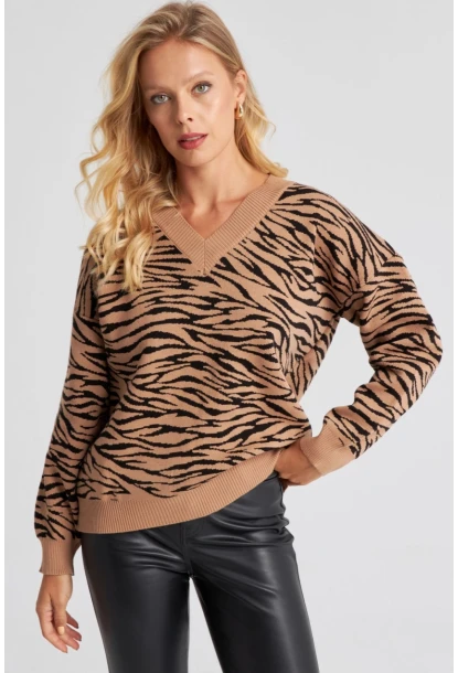 Kadın Camel Zebra Desenli Triko Kazak YZ521