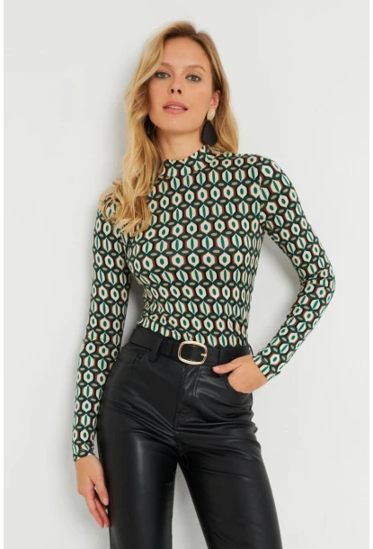 Kadın Desenli Bluz Ekru-Yeşil AYD288