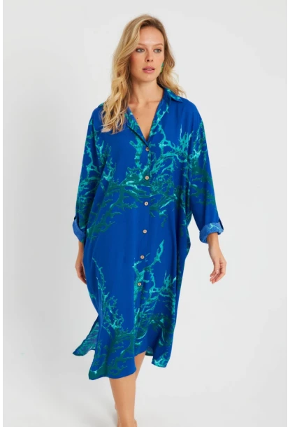 Kadın Desenli Gömlek Elbise Saks LV174