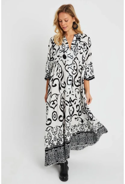 Kadın Desenli Salaş Maxi Elbise Beyaz-Siyah Q981