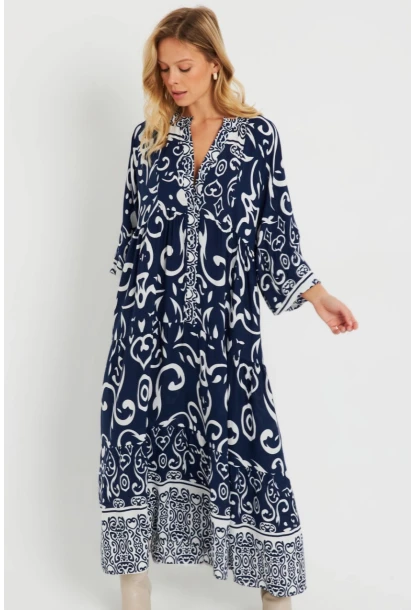 Kadın Desenli Salaş Maxi Elbise Lacivert Q981