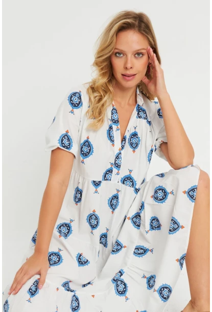 Kadın Desenli Salaş Mini Elbise Beyaz ASH23046