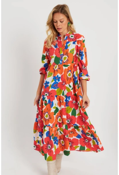 Kadın Desenli Salaş Mini Elbise Turuncu ASH23046