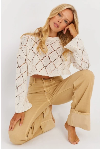 Kadın Ekru Ajurlu Kısa Triko Bluz YZ628