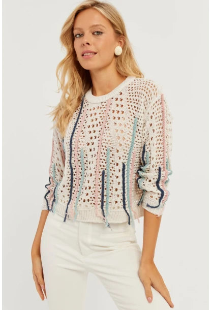 Kadın Ekru Ajurlu Renkli Triko Bluz MİW2761