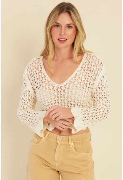 Kadın Ekru Ajurlu Triko Bluz MZU603