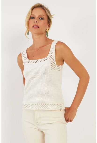 Kadın Ekru Ajurlu Triko Bluz YV258