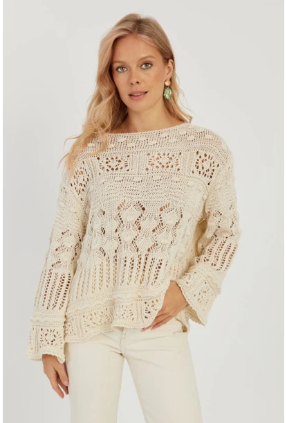 Kadın Ekru Ajurlu Triko Bluz YZ620