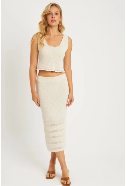 Kadın Ekru Ajurlu Triko Etek Takım YV251
