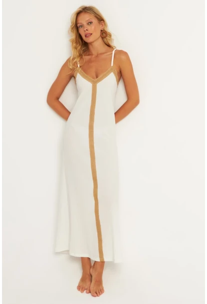 Kadın Ekru Aksesuarlı Bürümcük Midi Plaj Elbise EY2839