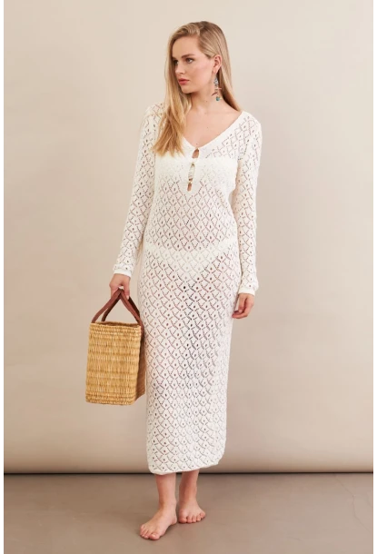 Kadın Ekru Aksesuarlı Triko Plaj Elbisesi KZ3237-90
