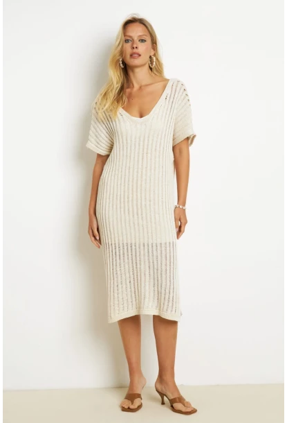 Kadın Ekru Astarlı Simli Triko Midi Elbise ET04