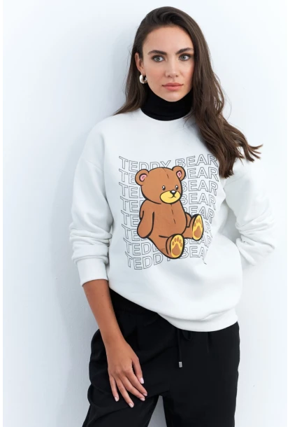 Kadın Ekru Ayıcık Baskılı Sweatshirt MZM288