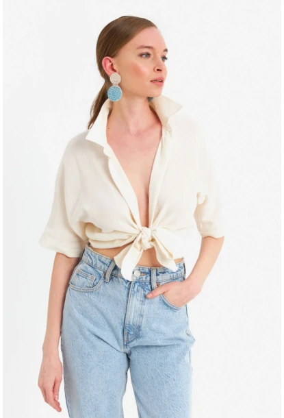 Kadın Ekru Bağlamalı Keten Bluz BTH16