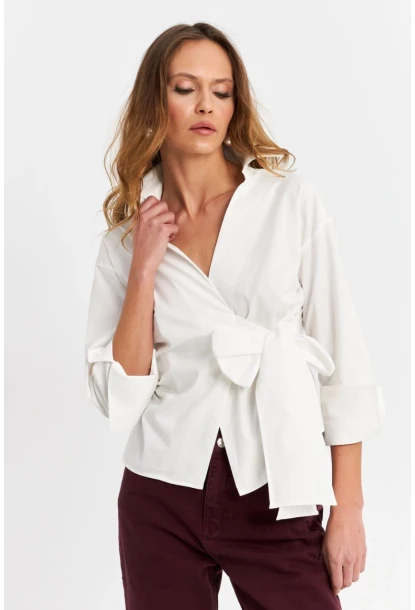 Kadın Ekru Bağlamalı Kruvaze Gömlek MFS9792