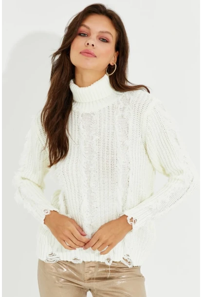 Kadın Ekru Balıkçı Yaka Püsküllü Triko Kazak KZ2471