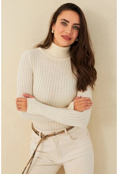 Kadın Ekru Balıkçı Yaka Triko Bluz YV102-90