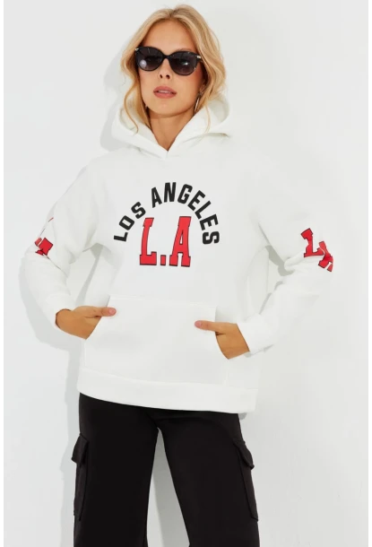 Kadın Ekru Baskılı Kapüşonlu Sweatshirt DA146
