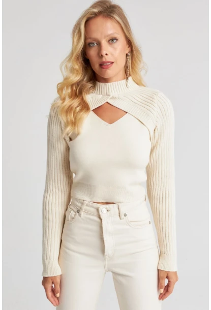 Kadın Ekru Bolerolu Triko Takım YZ524