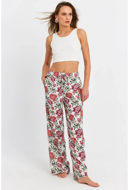 Kadın Ekru-Bordo Çiçek Desenli Pantolon FLS03