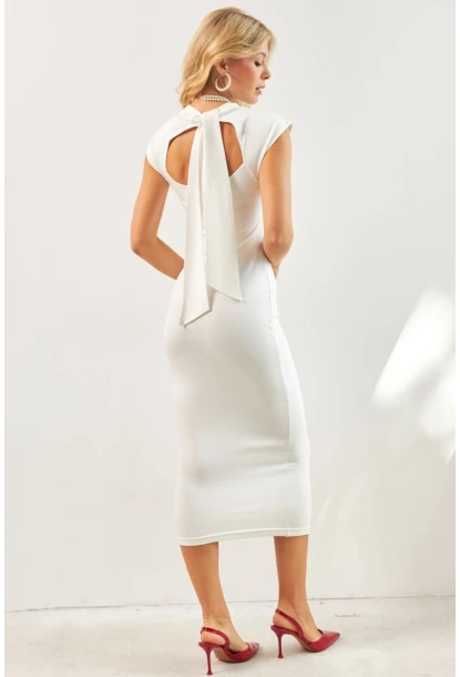 Kadın Ekru Boyun Bağlamalı Büzgülü Midi Elbise KED4281