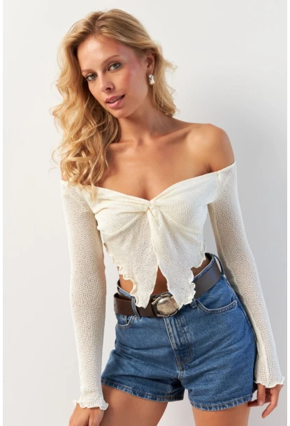 Kadın Ekru Büzgülü File Bluz OW146