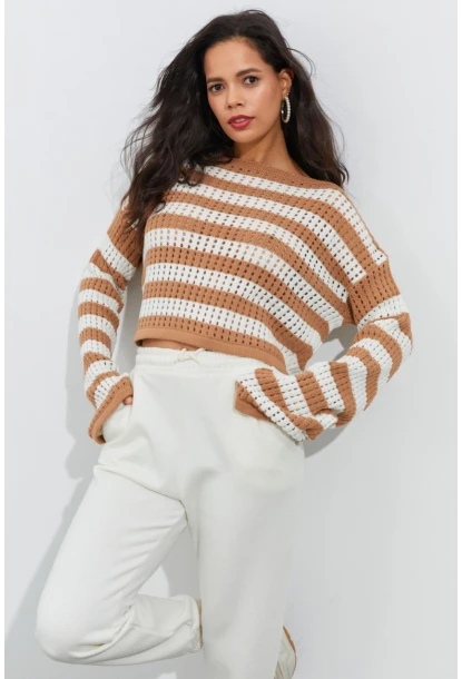 Kadın Ekru-Camel İspanyol Kol Ajurlu Triko Kısa Bluz YV109
