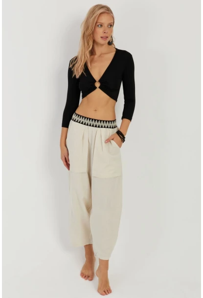 Kadın Ekru Cepli Şalvar Pantolon ÖM1203