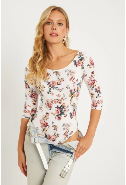 Kadın Ekru Çiçek Desenli Çıtçıtlı Body RK40
