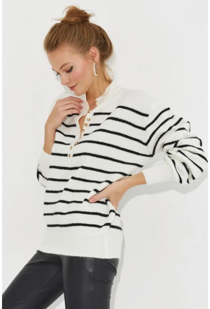 Kadın Ekru Çizgili Triko Kazak SMT219