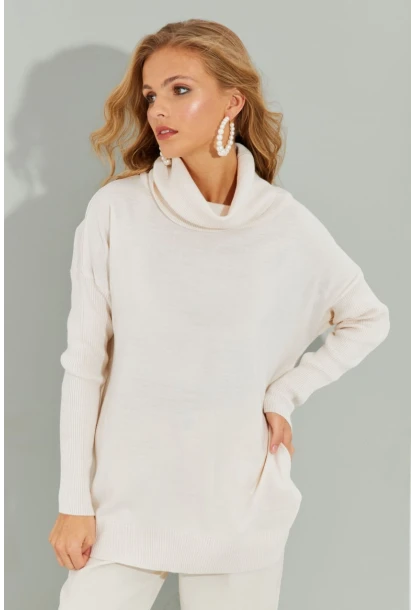 Kadın Ekru Degaje Yaka Cepli Triko Kazak YZ519