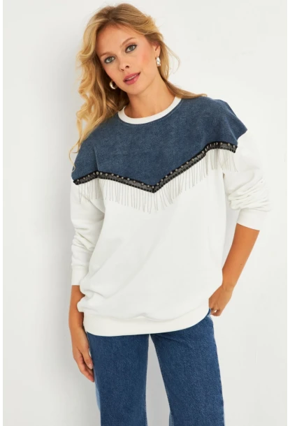 Kadın Ekru Denim Bloklu Sweatshirt PKA808