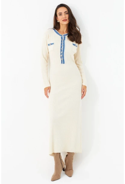 Kadın Ekru Denim Detaylı Maxi Elbise MQAS200